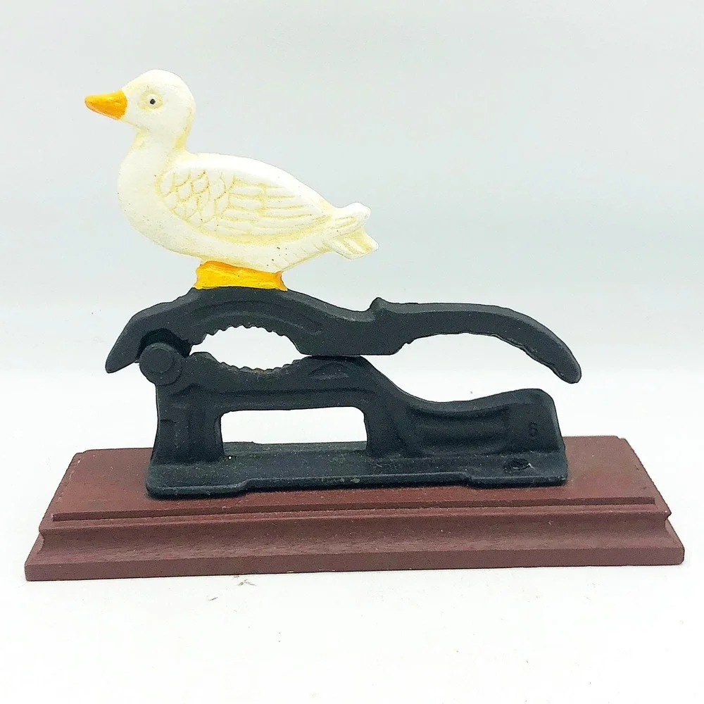 Cast Iron White Duck Nutcracker On Wooden Base